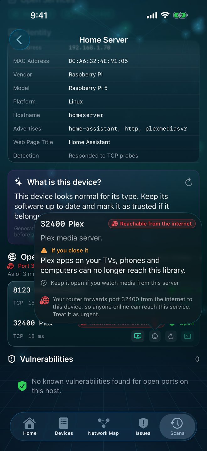 Port detail on iPhone explaining what closing Plex on port 32400 would break.
