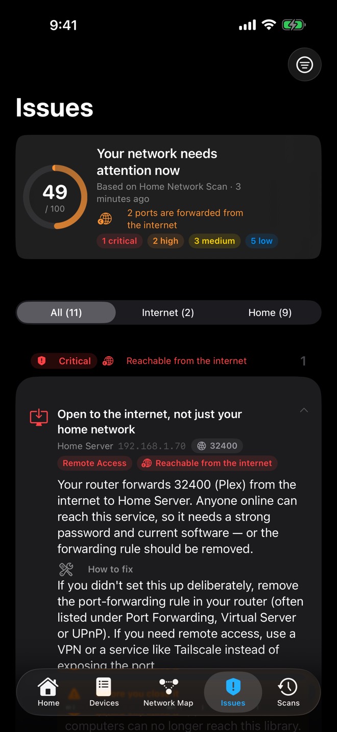 Crios Issues on iPhone with All, Internet and Home filters and an internet-facing finding expanded.