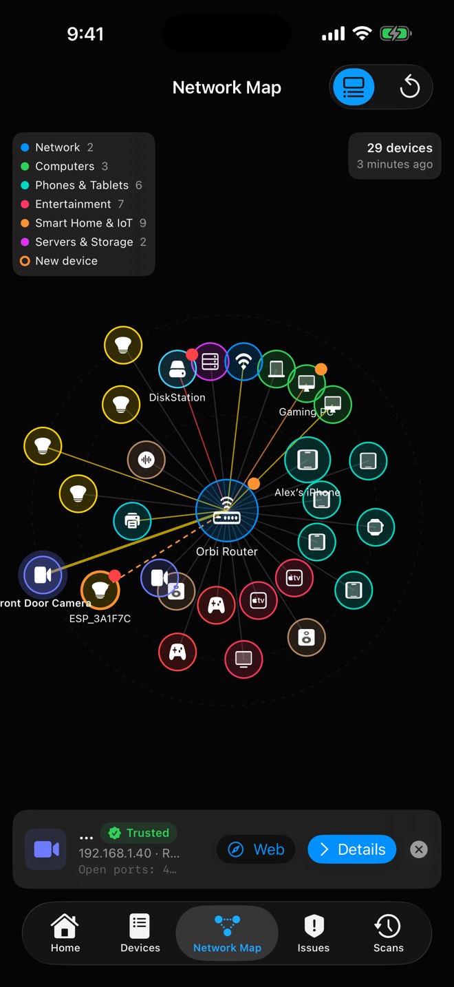 Crios network map on iPhone with devices grouped by category around the router.