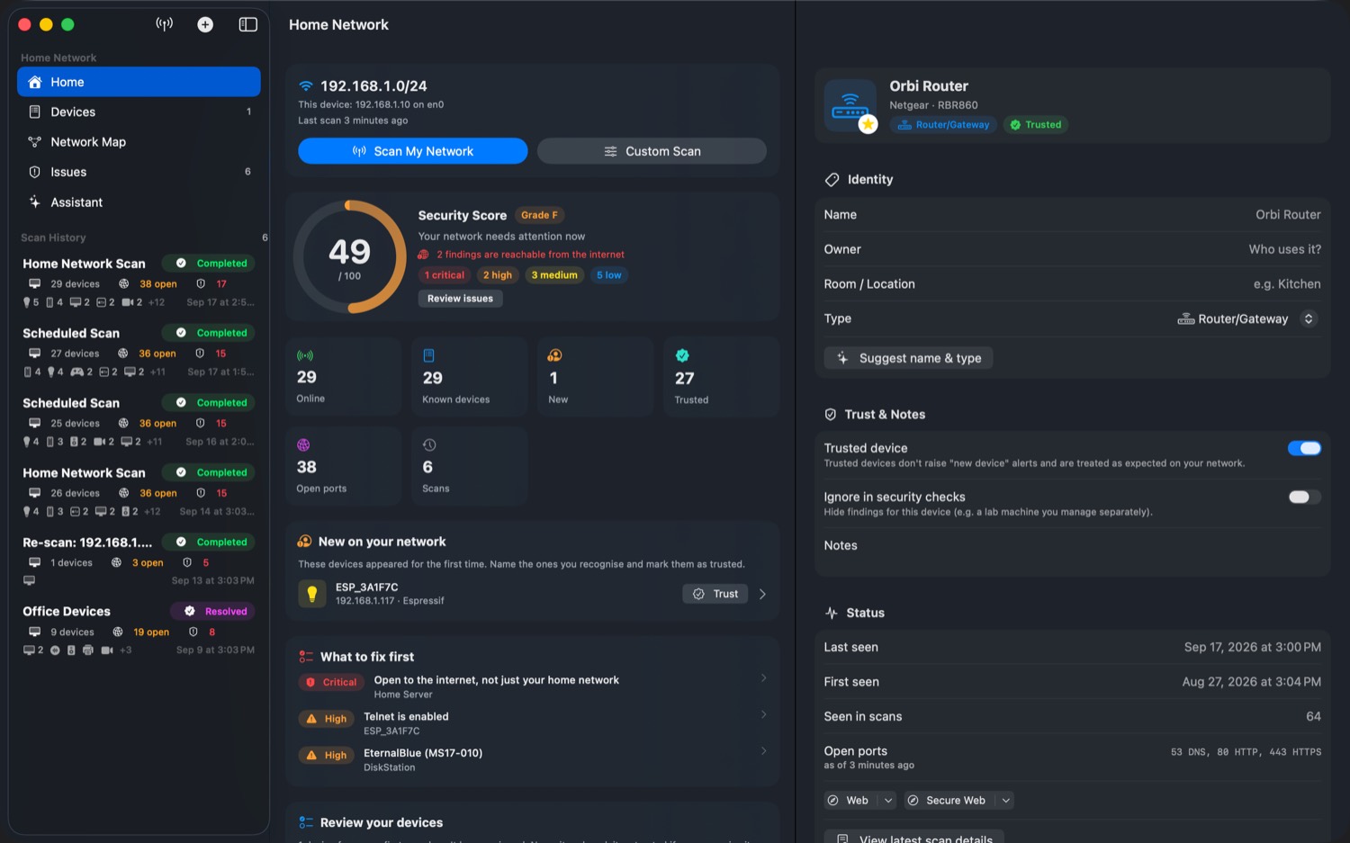 Crios on macOS after a first scan: security score, device counts and devices to review.