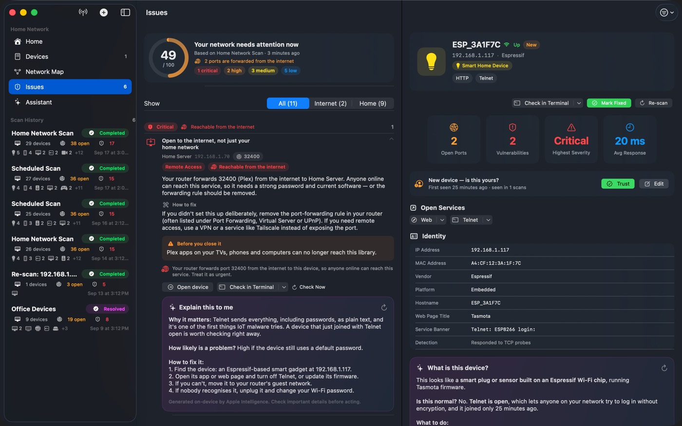 Crios on macOS with issue actions including Check in Terminal and Check Now.